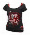 LOVE SKULLS - Parte superior negra rasgada roja 2 en 1 (sólido)