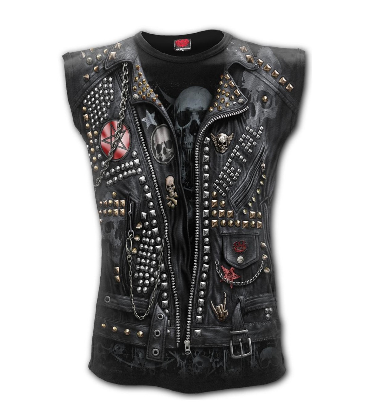 Black gothic sleeveless leather jacket style T shirt GOTH METAL