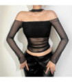 Top de malla punk con escote halterneck para mujer