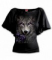 WOLF ROSES - Camiseta negra con cuello barco y mangas murciélago (color sólido)